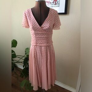 Eva Mendes Pink Ruched Ruffled Midi Dress with heart print size 0
